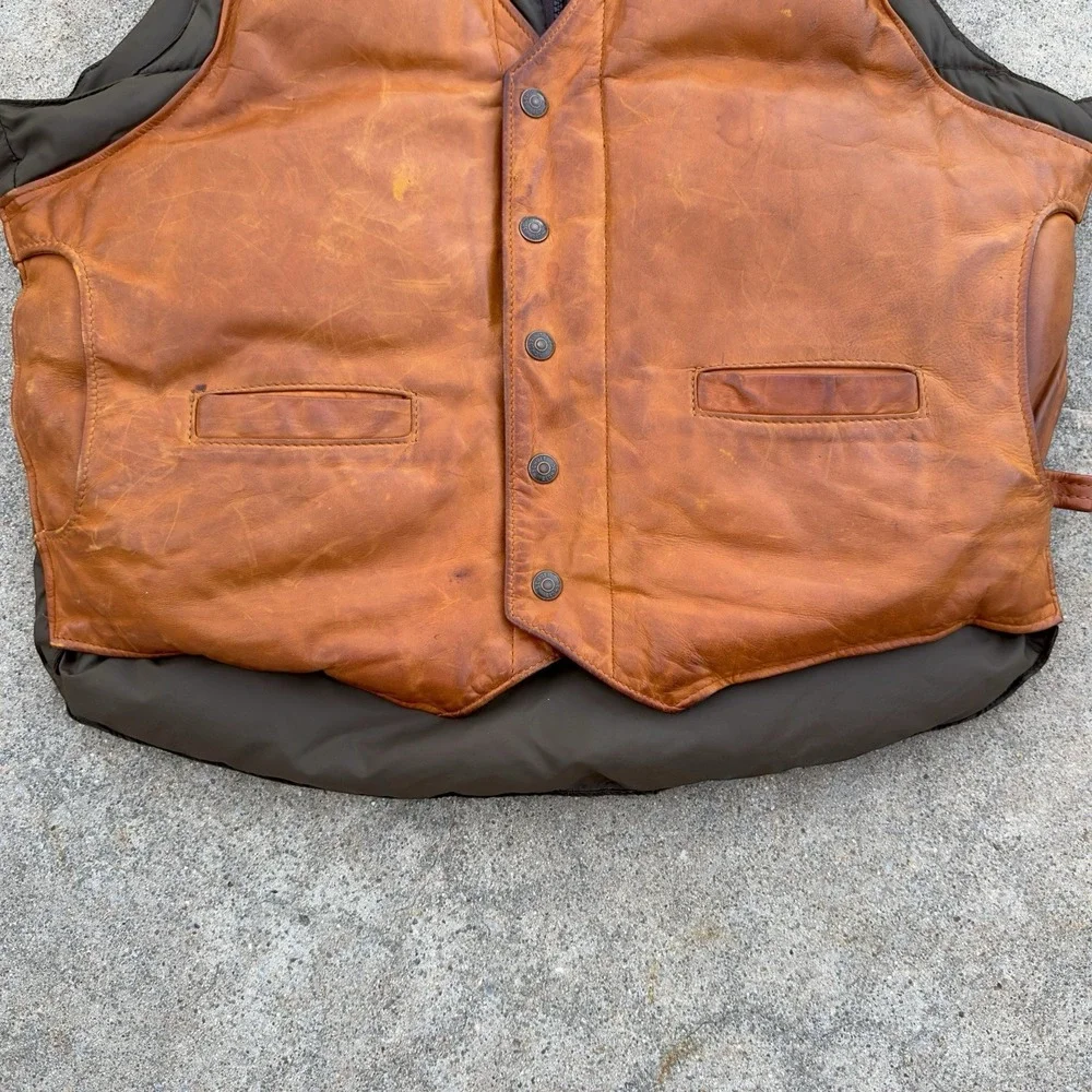 VTG Schott NYC Leather Down Plume Puffer Vest Men's Size 44 Western 70s 80s USA